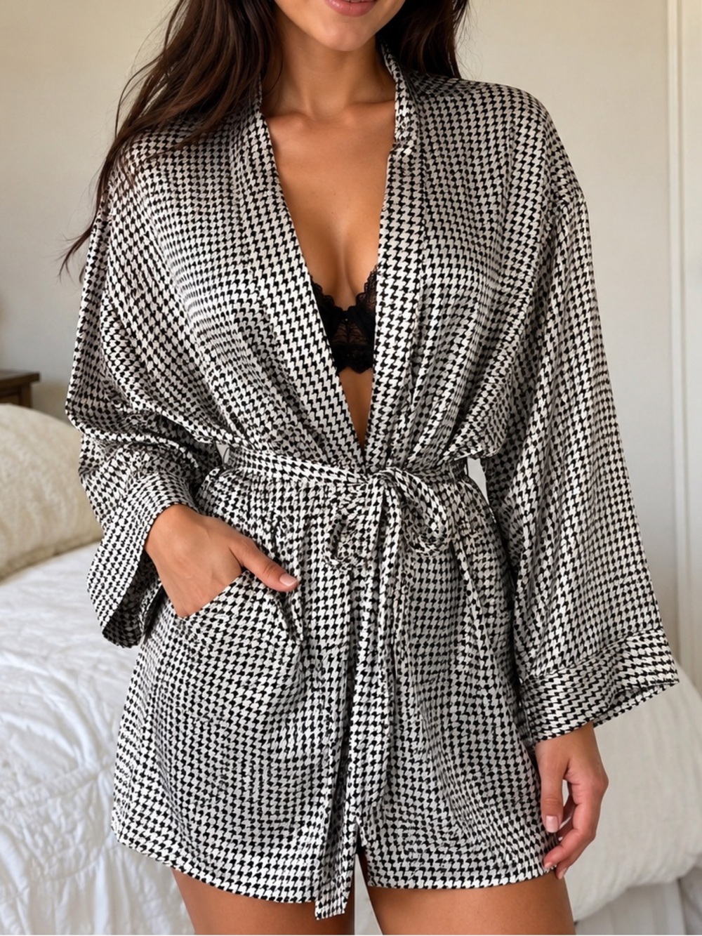 Victoria's Secret Black and White Houndstooth Satin Robe